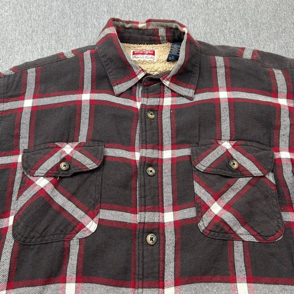 Wrangler Sherpa Lined Flannel Shacket Mens Large Brown Red Plaid Jacket Workwear